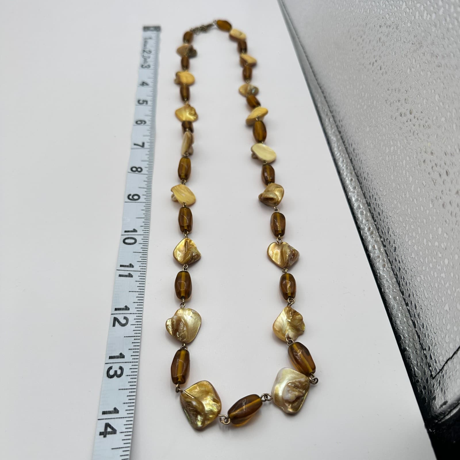 Vintage Y2K Mother Of Pearl Shell Amber Beaded Necklace Boho Statement Jewelry - Thumbnail 8