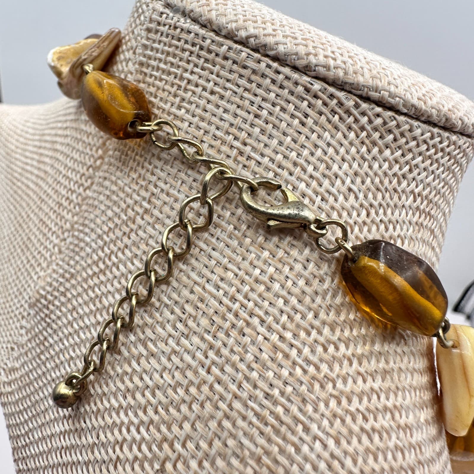 Vintage Y2K Mother Of Pearl Shell Amber Beaded Necklace Boho Statement Jewelry - Thumbnail 7