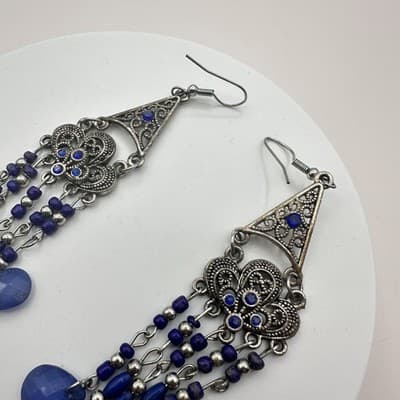 Vintage Y2K Silver Tone Blue Beaded Chandelier Dangle Earrings Women's Jewelry - Thumbnail 5