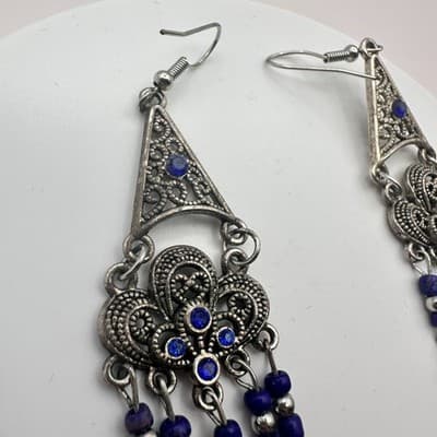 Vintage Y2K Silver Tone Blue Beaded Chandelier Dangle Earrings Women's Jewelry - Thumbnail 4