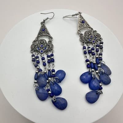 Vintage Y2K Silver Tone Blue Beaded Chandelier Dangle Earrings Women's Jewelry - Thumbnail 3