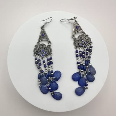 Vintage Y2K Silver Tone Blue Beaded Chandelier Dangle Earrings Women's Jewelry - Thumbnail 2