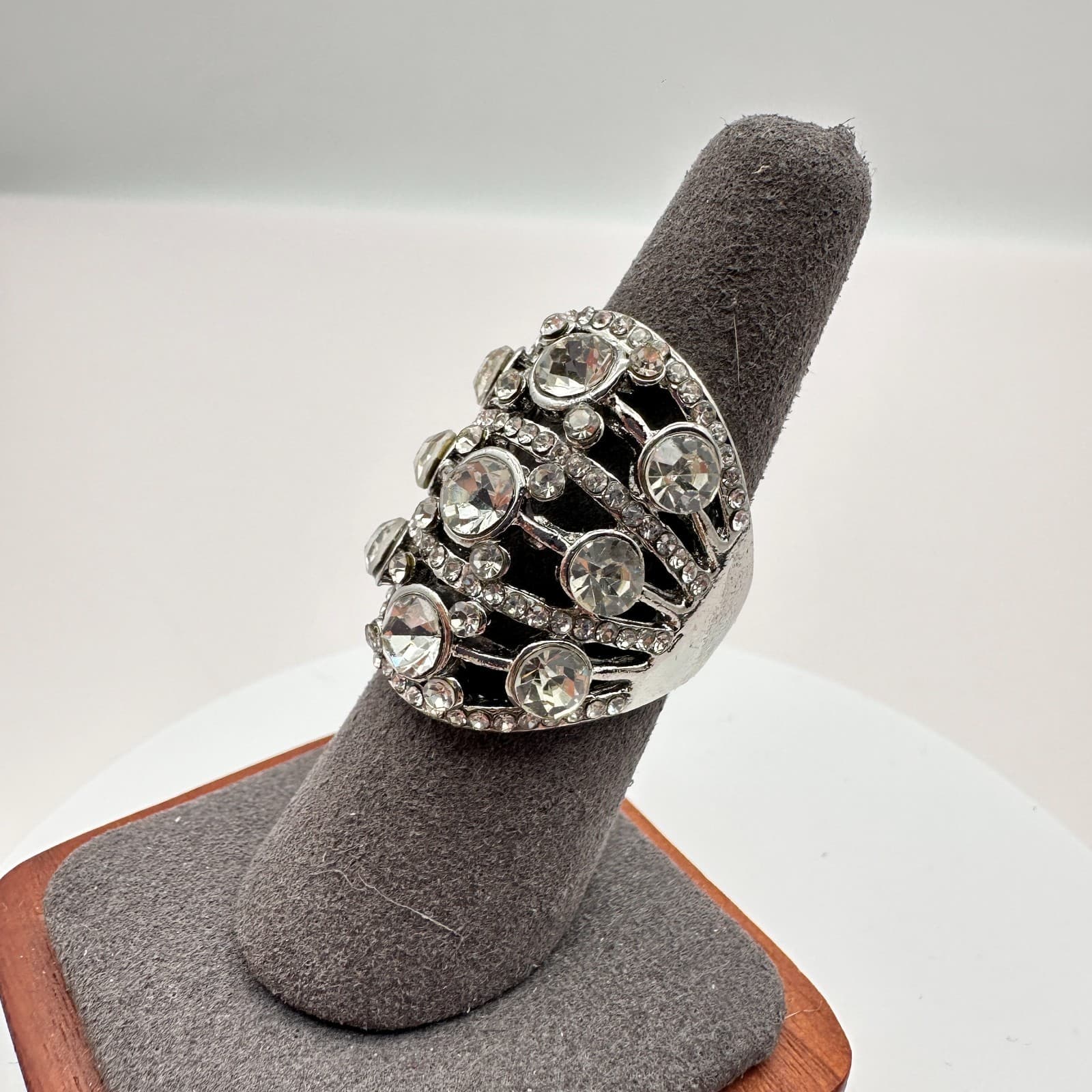 Vintage Y2K Silver Tone Multi Tier Clear Rhinestone Ring Women's Classic Jewelry - Thumbnail 4