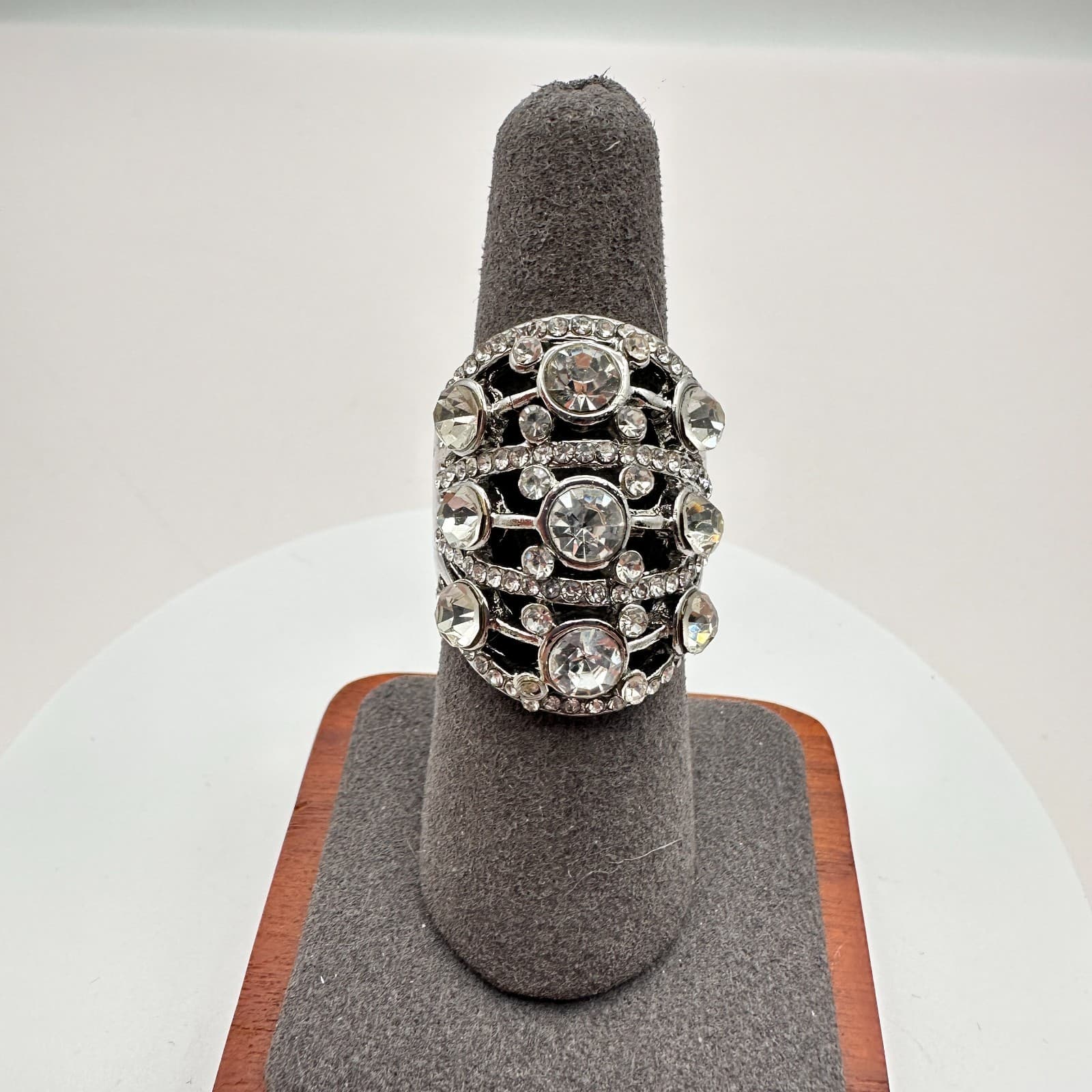 Vintage Y2K Silver Tone Multi Tier Clear Rhinestone Ring Women's Classic Jewelry - Thumbnail 6