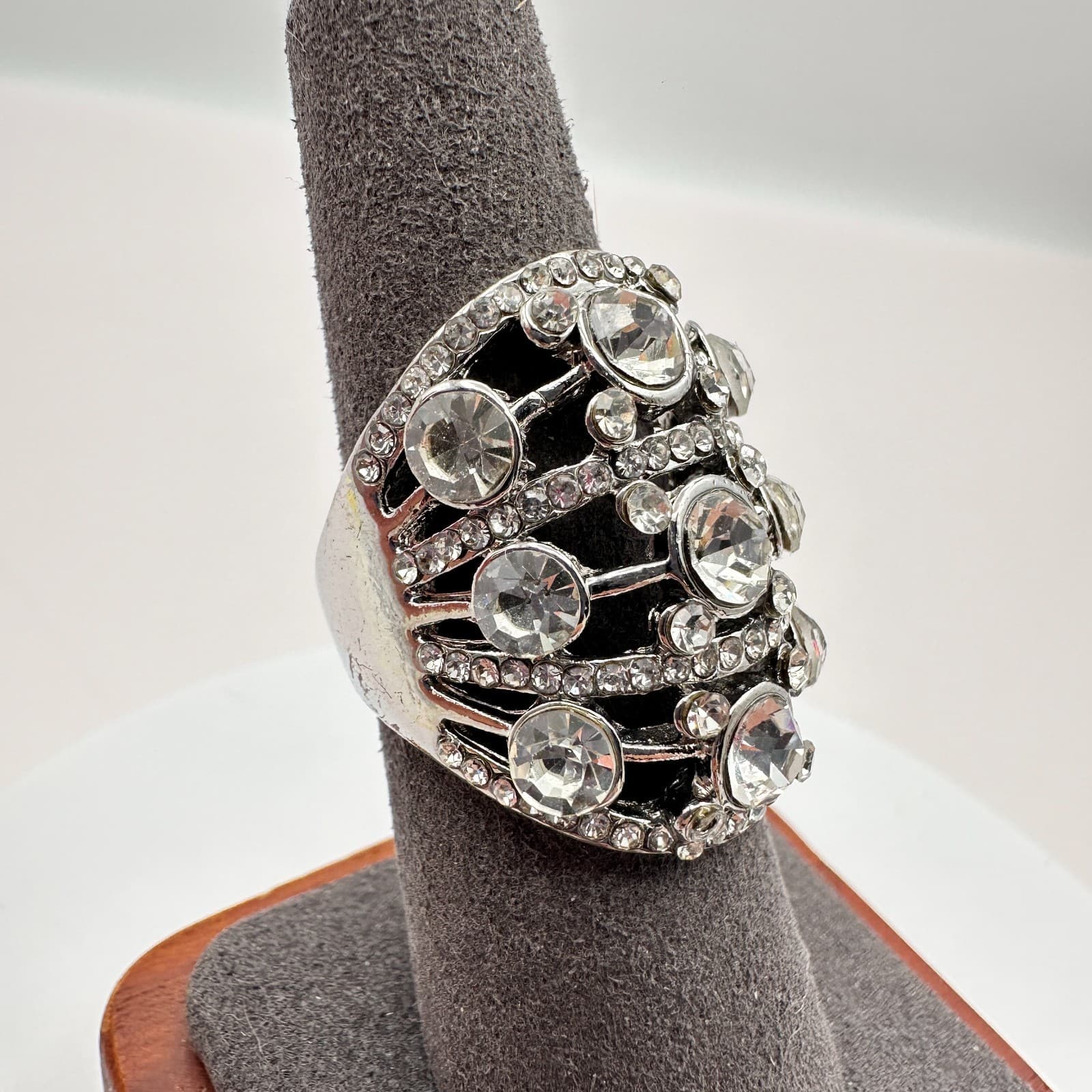 Vintage Y2K Silver Tone Multi Tier Clear Rhinestone Ring Women's Classic Jewelry - Thumbnail 2