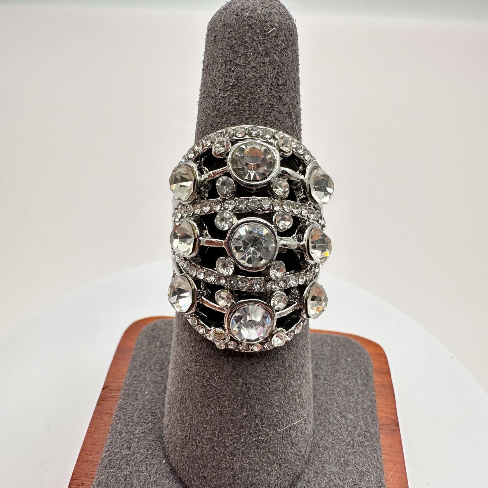 Vintage Y2K Silver Tone Multi Tier Clear Rhinestone Ring Women's Classic Jewelry