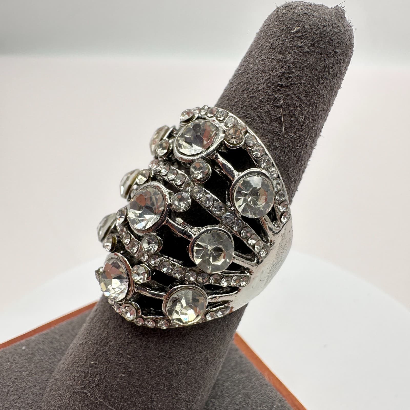 Vintage Y2K Silver Tone Multi Tier Clear Rhinestone Ring Women's Classic Jewelry - Thumbnail 3