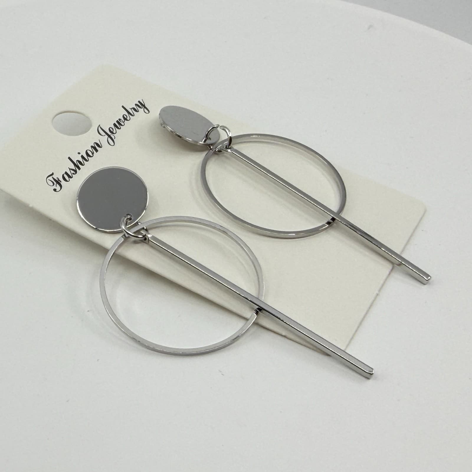 Minimalist Silver Tone Geometric Hoop Drop Earrings Celestial Gothic Statement - Thumbnail 5