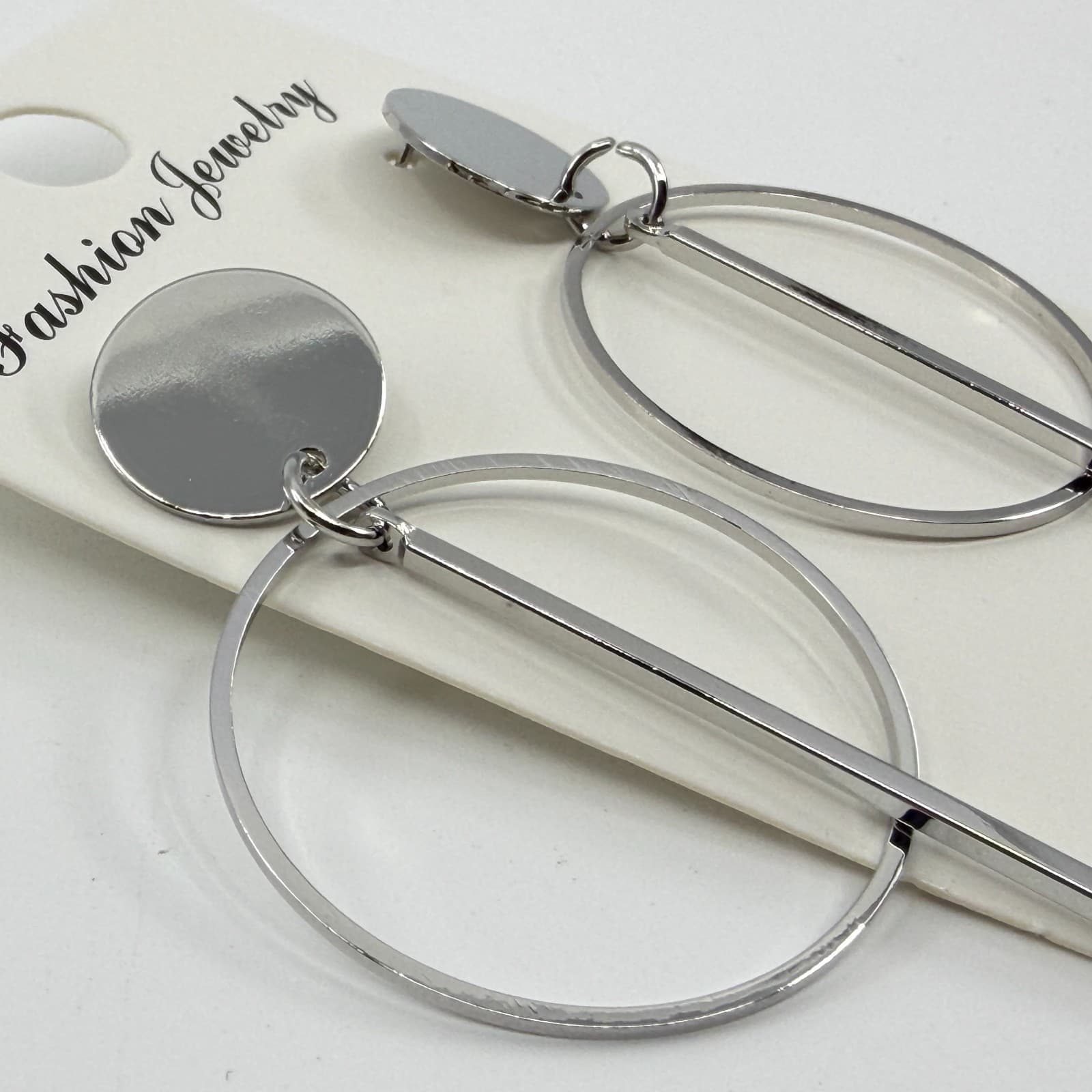 Minimalist Silver Tone Geometric Hoop Drop Earrings Celestial Gothic Statement - Thumbnail 4