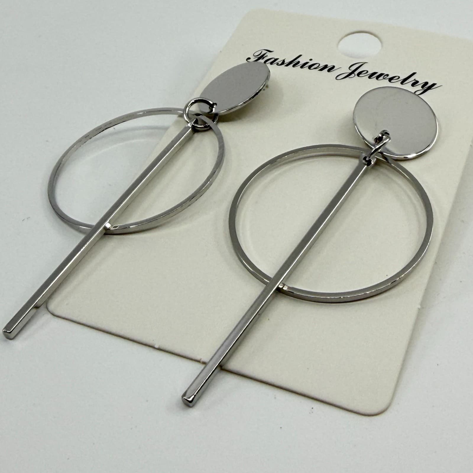 Minimalist Silver Tone Geometric Hoop Drop Earrings Celestial Gothic Statement - Thumbnail 6