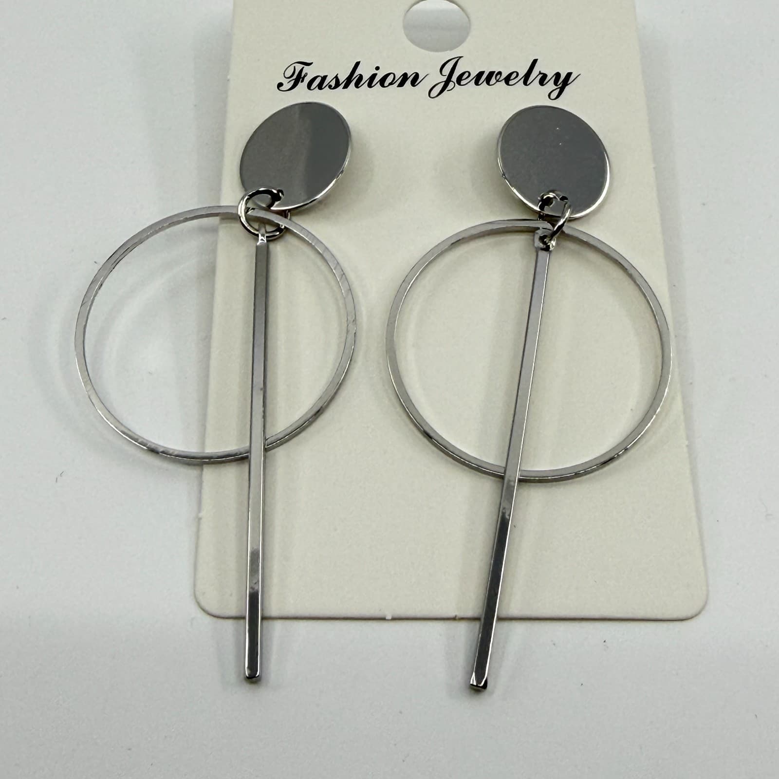 Minimalist Silver Tone Geometric Hoop Drop Earrings Celestial Gothic Statement - Thumbnail 2