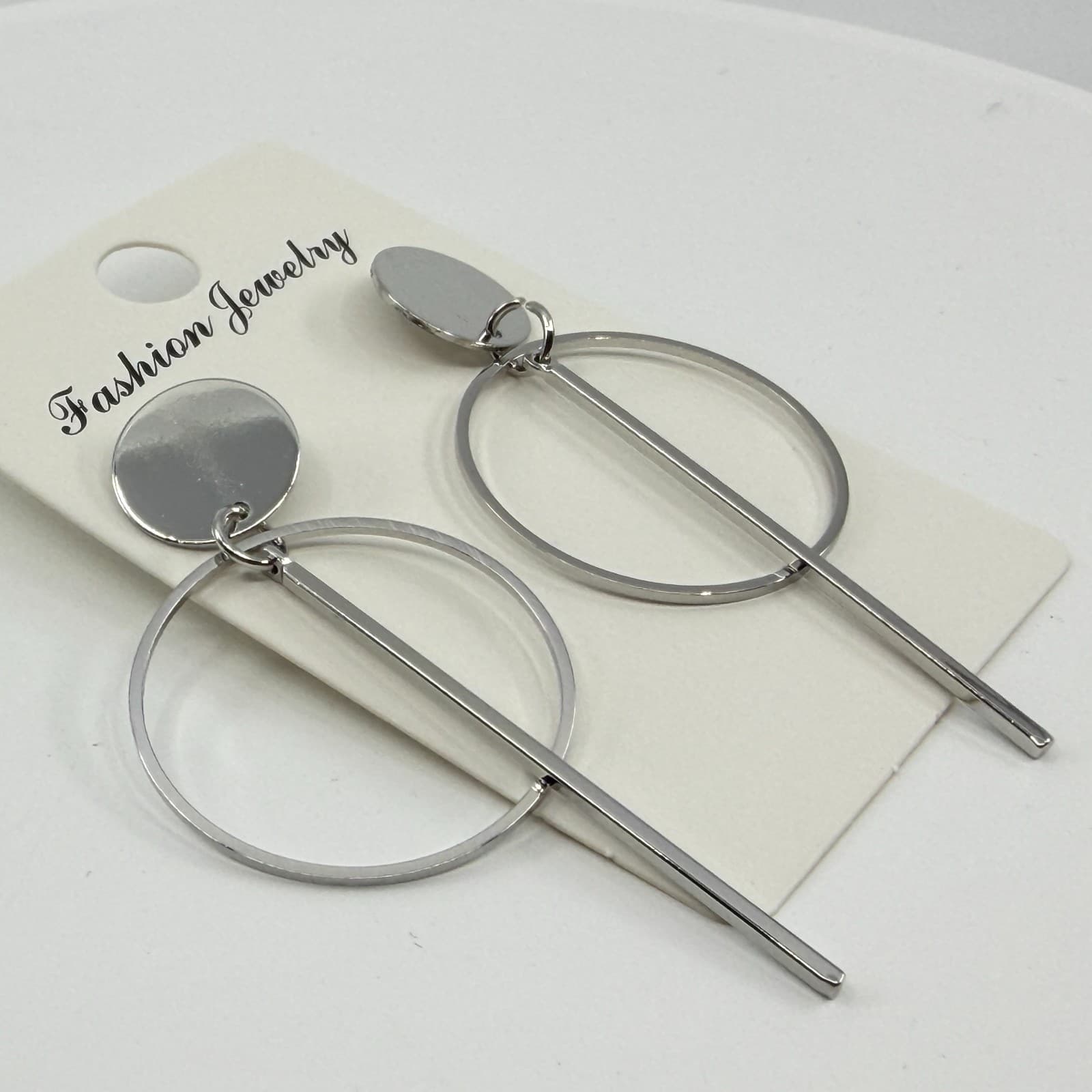 Minimalist Silver Tone Geometric Hoop Drop Earrings Celestial Gothic Statement - Thumbnail 3