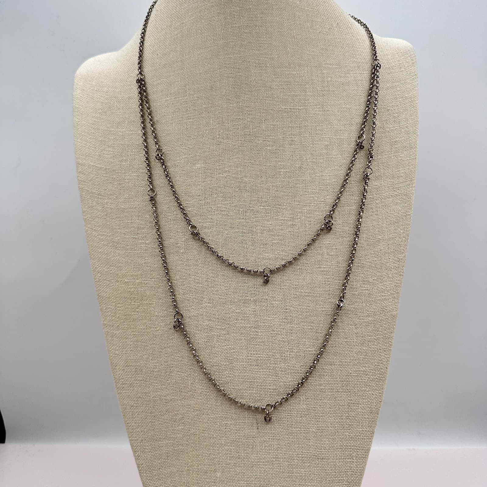 Vintage 90s Silver Tone Double Strand Rolo Chain Necklace Minimalist Jewelry Y2K - Thumbnail 4