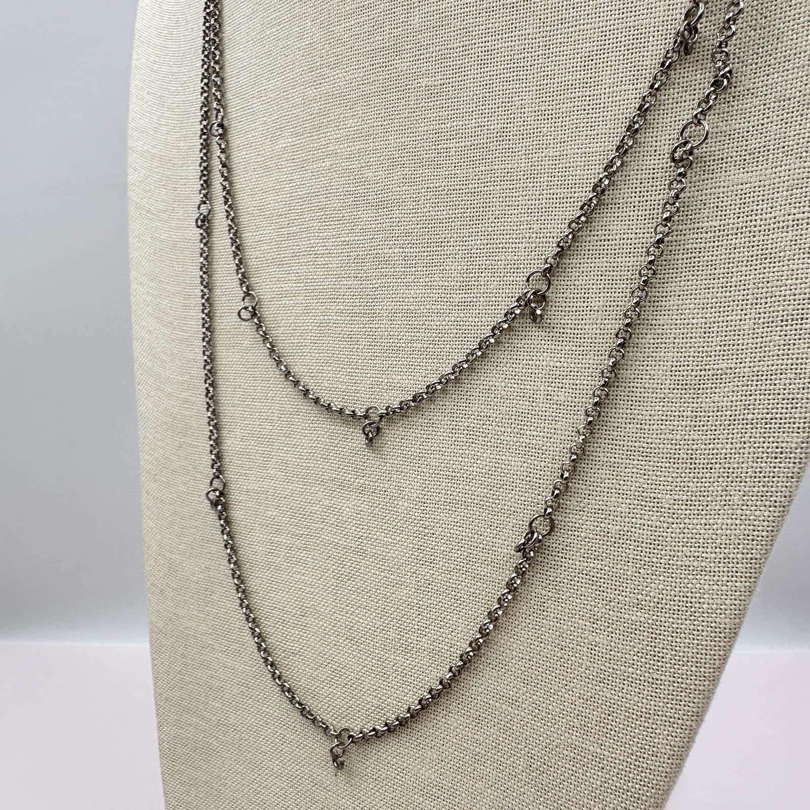 Vintage 90s Silver Tone Double Strand Rolo Chain Necklace Minimalist Jewelry Y2K - Thumbnail 3