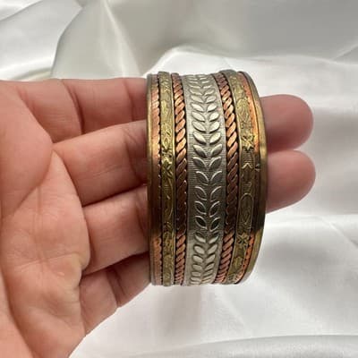 Vintage 90s Textured Leaf Chunky Cuff Wide Bracelet Boho Women's Classic Jewelry - Thumbnail 8