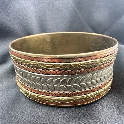 Vintage 90s Textured Leaf Chunky Cuff Wide Bracelet Boho Women's Classic Jewelry - Thumbnail 7