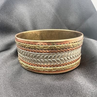 Vintage 90s Textured Leaf Chunky Cuff Wide Bracelet Boho Women's Classic Jewelry - Thumbnail 5