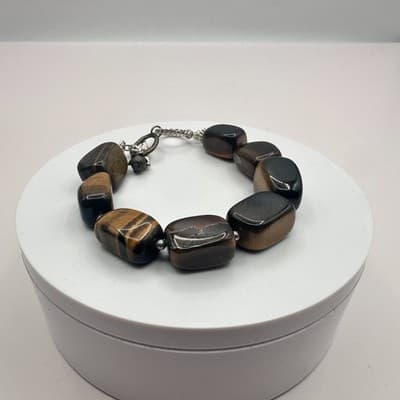 Vintage 90s Silver Tone Tiger Eye Beaded Bracelet Women's Classic Jewelry - Thumbnail 2