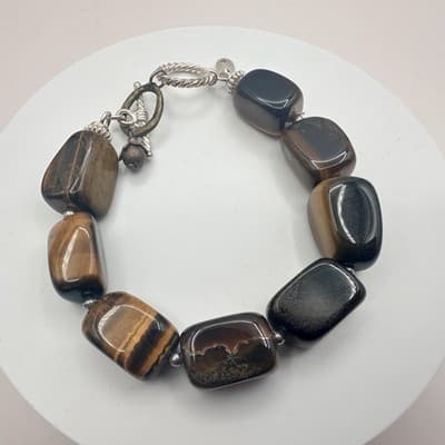 Vintage 90s Silver Tone Tiger Eye Beaded Bracelet Women's Classic Jewelry - Thumbnail 3