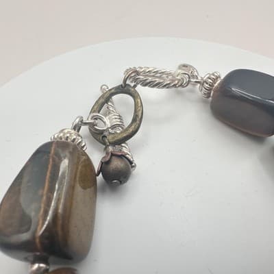 Vintage 90s Silver Tone Tiger Eye Beaded Bracelet Women's Classic Jewelry - Thumbnail 4