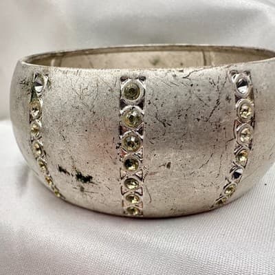 Vintage 90s Silver Tone Chunky Bracelet Clear Rhinestone Women's Classic Jewelry - Thumbnail 4