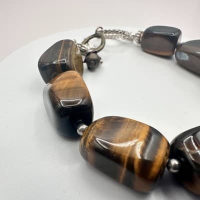 Vintage 90s Silver Tone Tiger Eye Beaded Bracelet Women's Classic Jewelry - Thumbnail 5