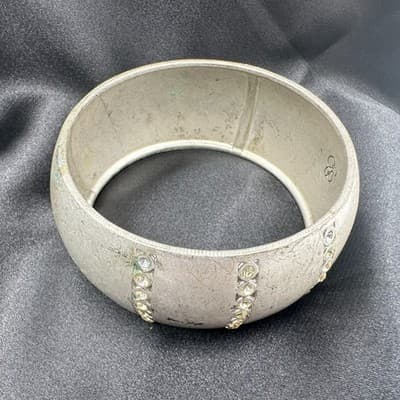 Vintage 90s Silver Tone Chunky Bracelet Clear Rhinestone Women's Classic Jewelry - Thumbnail 7