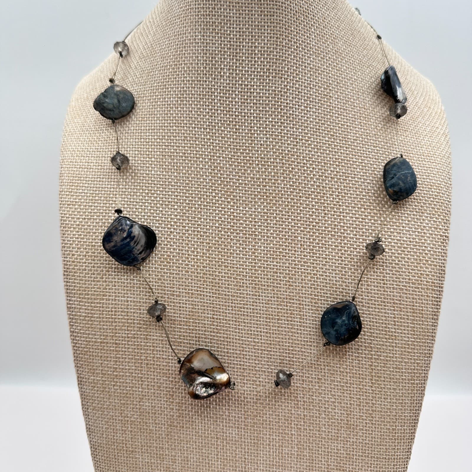 Vintage Y2K Wire Iridescent Organic Shell Beaded Station Necklace Jewelry Retro - Thumbnail 2