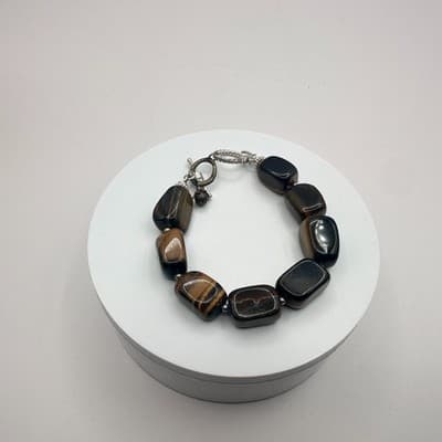 Vintage 90s Silver Tone Tiger Eye Beaded Bracelet Women's Classic Jewelry - Thumbnail 6