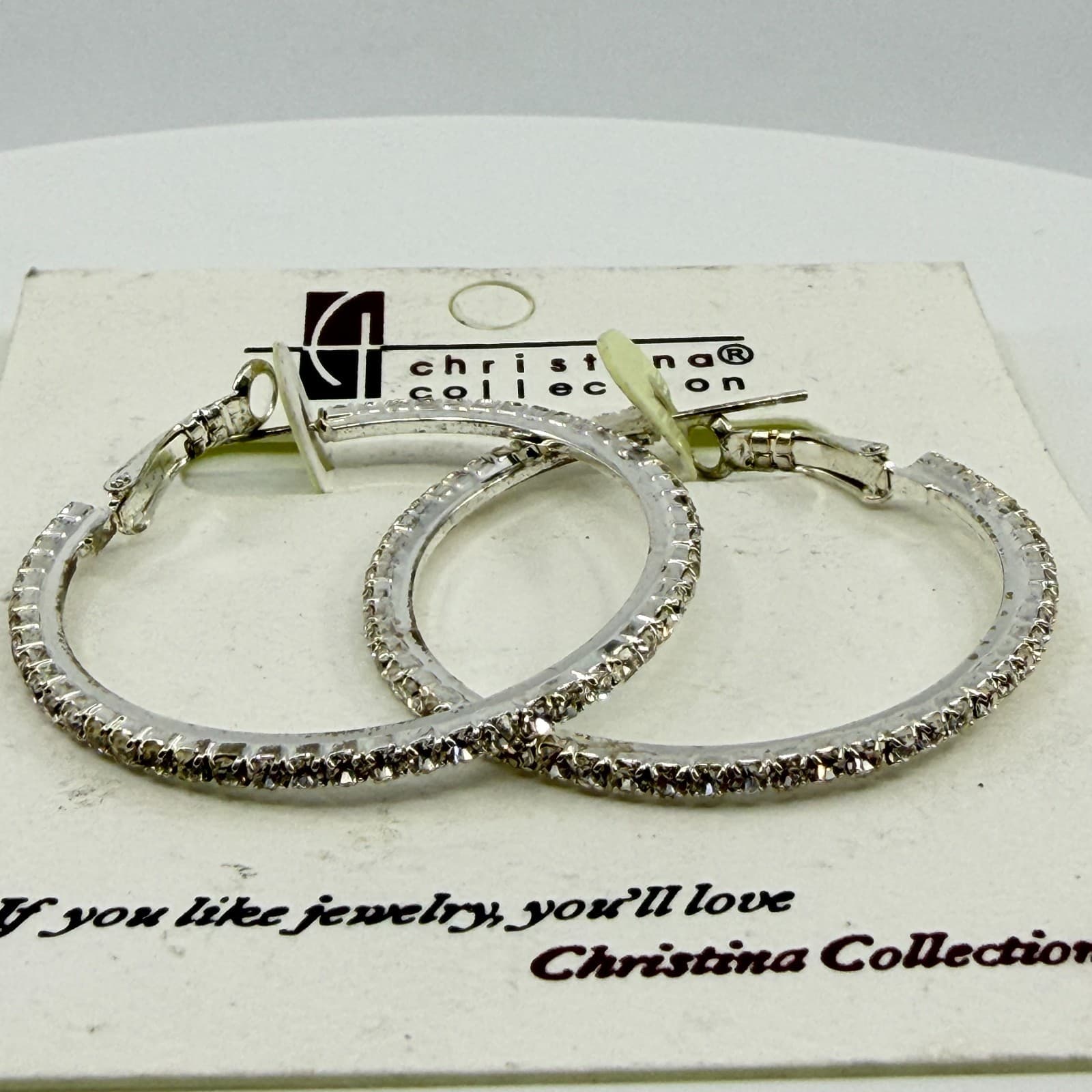Christina Collection Silver Tone Rhinestone Hoop Earrings Y2K Statement Gift - Thumbnail 2