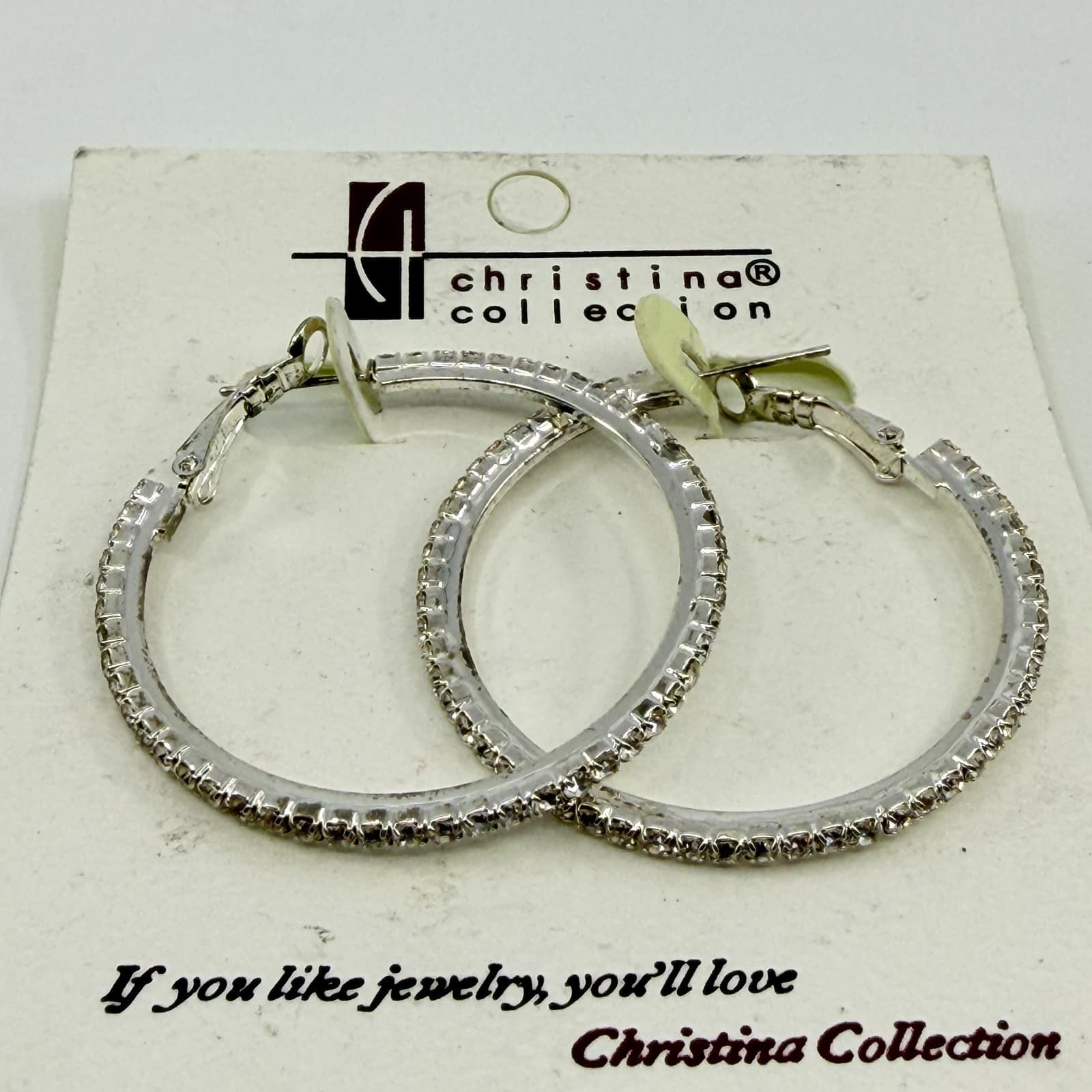Christina Collection Silver Tone Rhinestone Hoop Earrings Y2K Statement Gift - Thumbnail 3