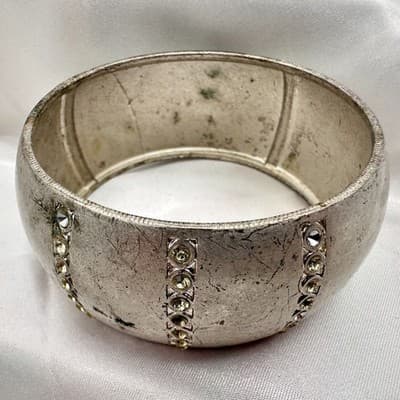 Vintage 90s Silver Tone Chunky Bracelet Clear Rhinestone Women's Classic Jewelry - Thumbnail 3