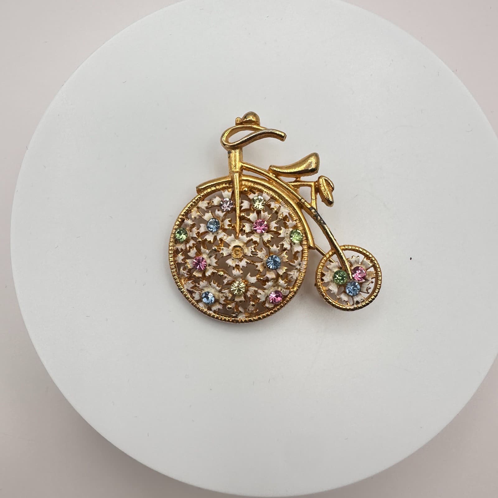 Vintage Y2K Gold Tone Rhinestone Farthing Bicycle Brooch Pin Women's Jewelry 90s - Thumbnail 3