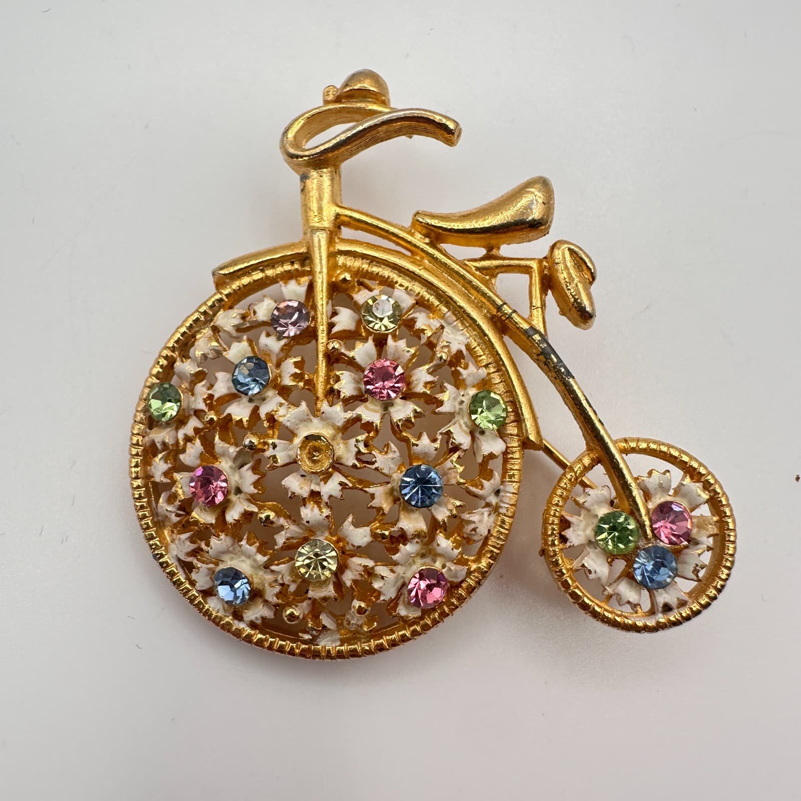 Vintage Y2K Gold Tone Rhinestone Farthing Bicycle Brooch Pin Women's Jewelry 90s