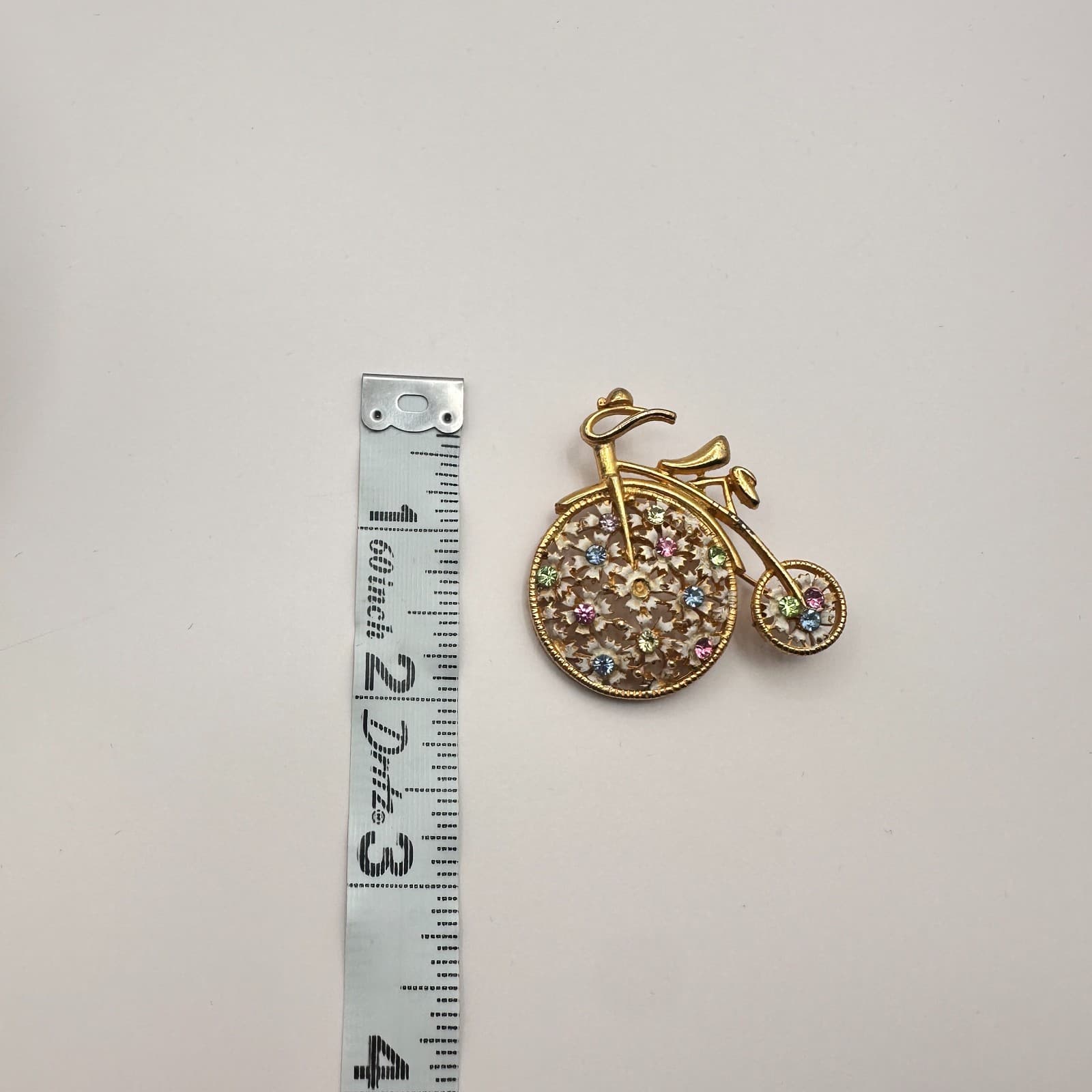 Vintage Y2K Gold Tone Rhinestone Farthing Bicycle Brooch Pin Women's Jewelry 90s - Thumbnail 6