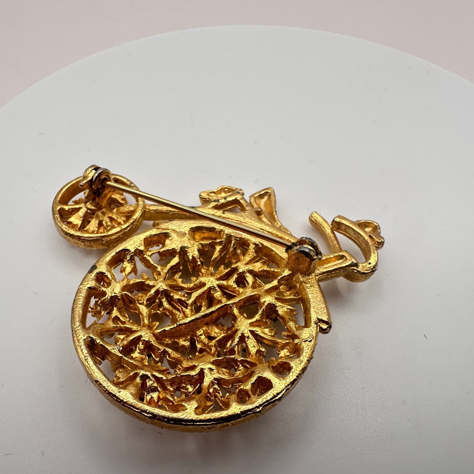 Vintage Y2K Gold Tone Rhinestone Farthing Bicycle Brooch Pin Women's Jewelry 90s - Thumbnail 5