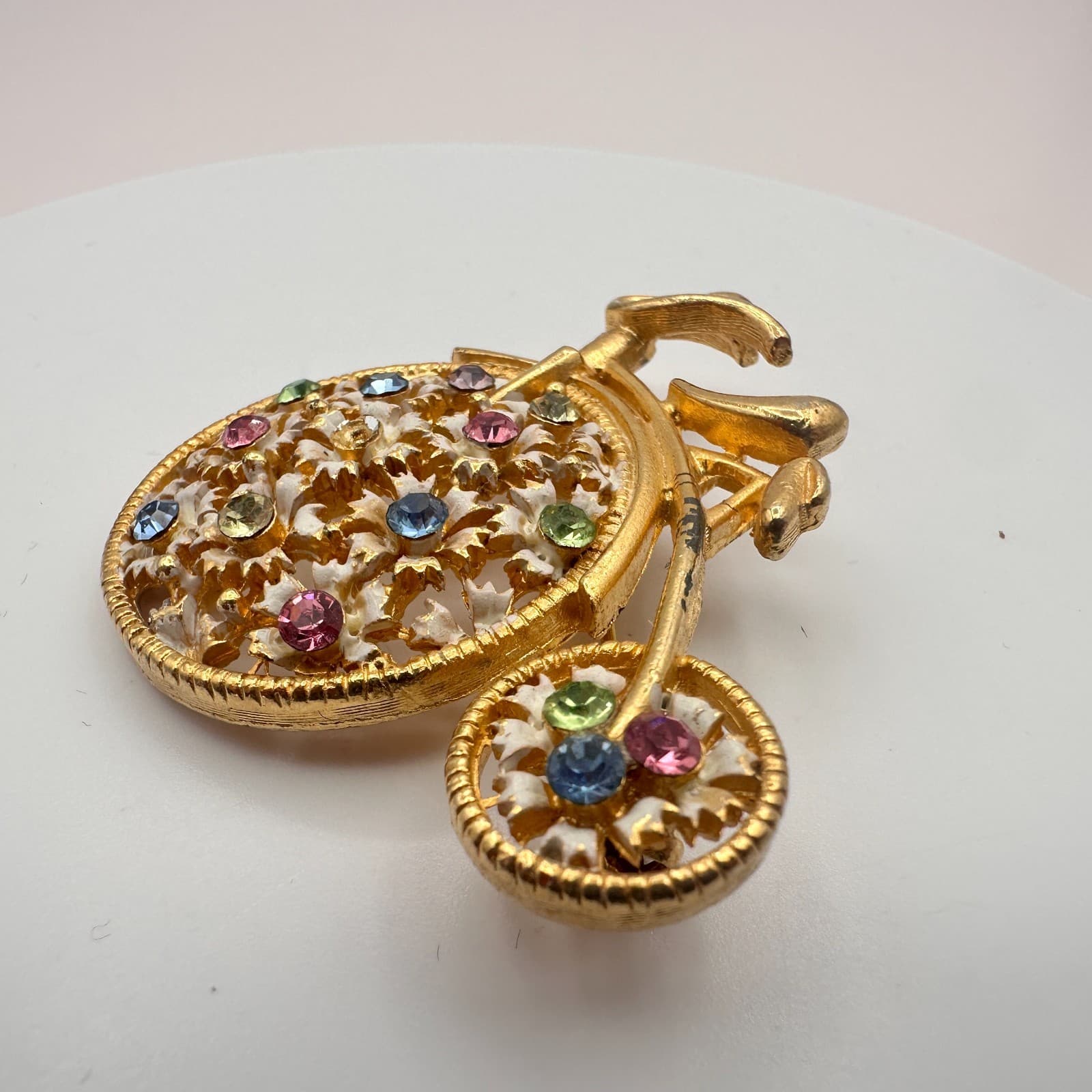 Vintage Y2K Gold Tone Rhinestone Farthing Bicycle Brooch Pin Women's Jewelry 90s - Thumbnail 4