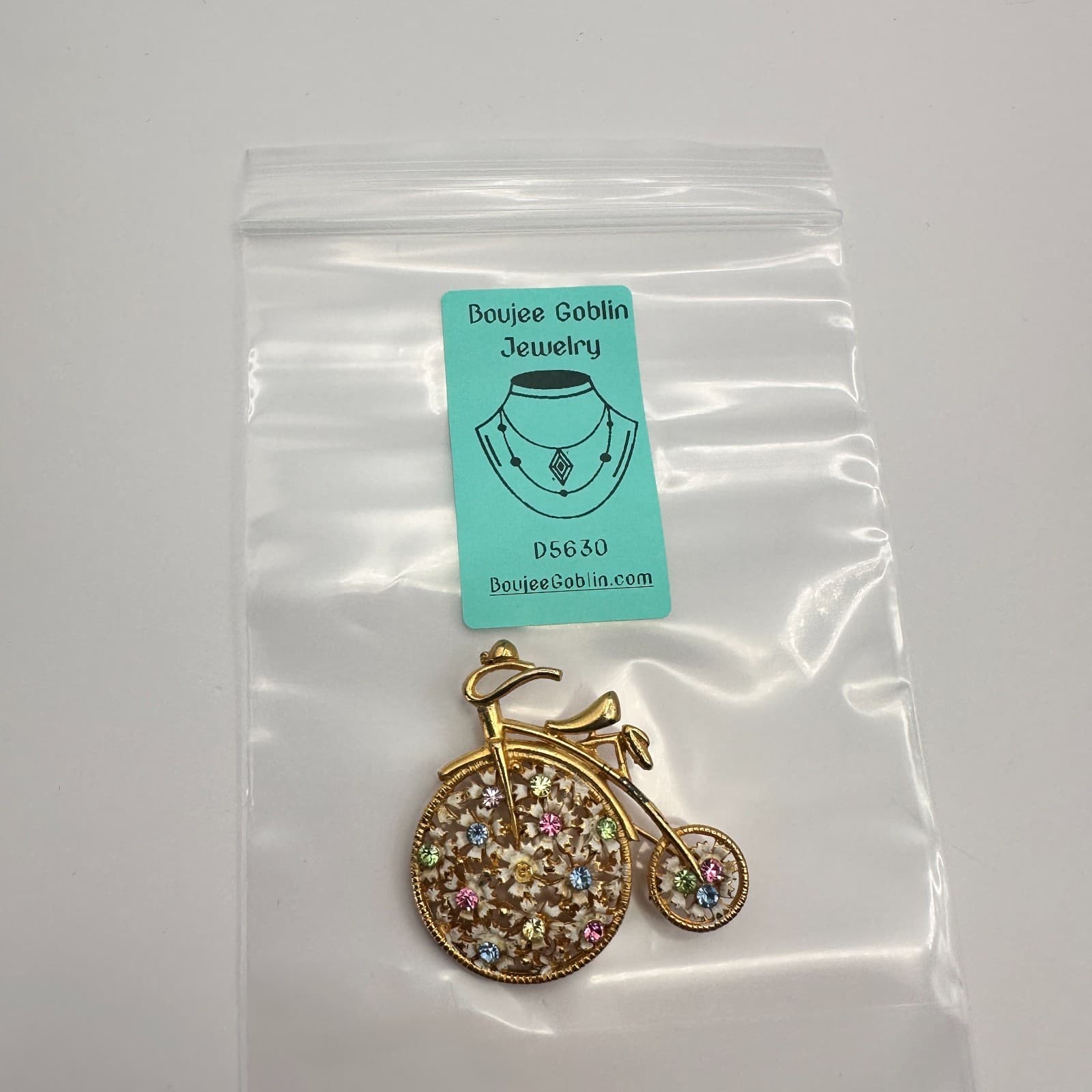 Vintage Y2K Gold Tone Rhinestone Farthing Bicycle Brooch Pin Women's Jewelry 90s - Thumbnail 7