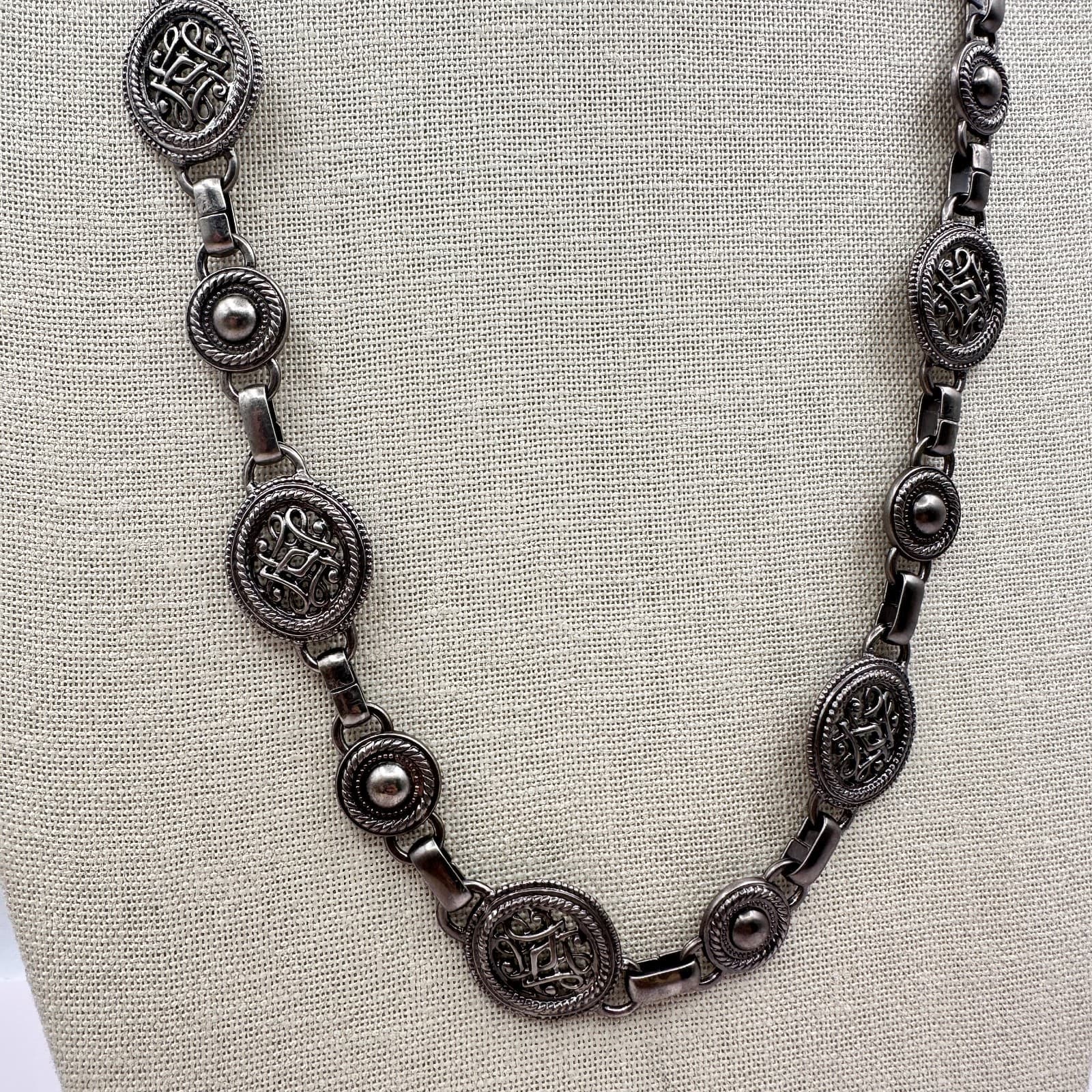 Vintage 90s Chunky Silver Tone Openwork Oval Link Statement Necklace Jewelry Bib - Thumbnail 8