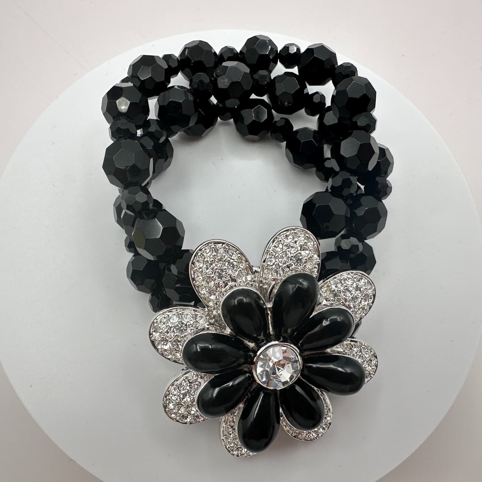 Vintage 90s Y2K Black Beaded Floral Rhinestone Stretch Bracelet Women's Jewelry - Thumbnail 5