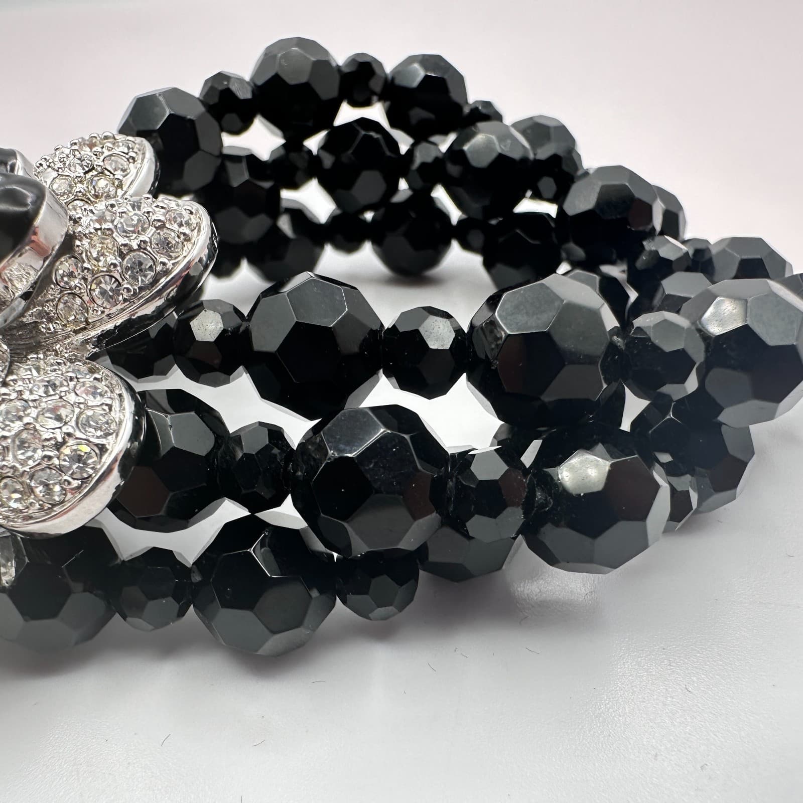 Vintage 90s Y2K Black Beaded Floral Rhinestone Stretch Bracelet Women's Jewelry - Thumbnail 7