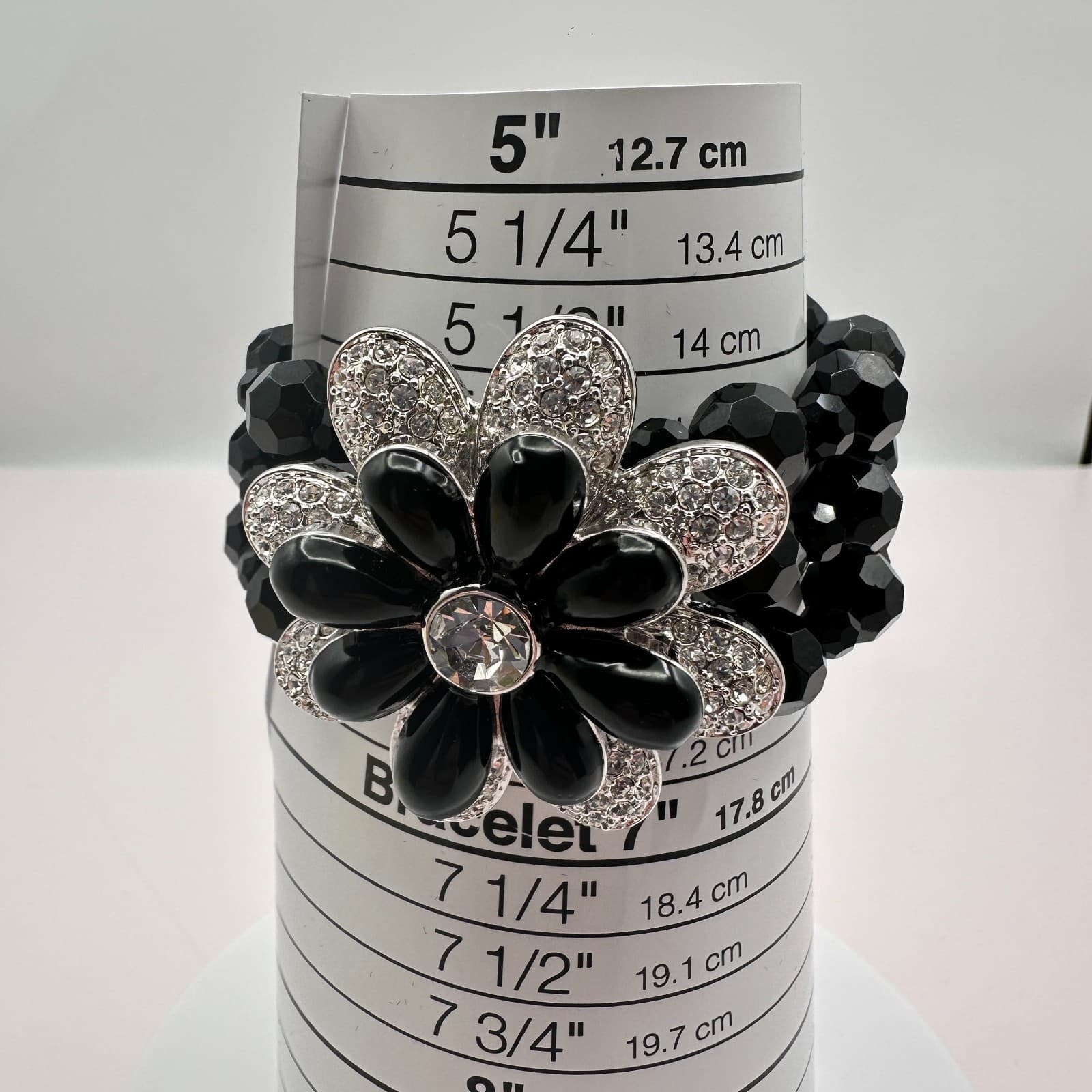 Vintage 90s Y2K Black Beaded Floral Rhinestone Stretch Bracelet Women's Jewelry - Thumbnail 8
