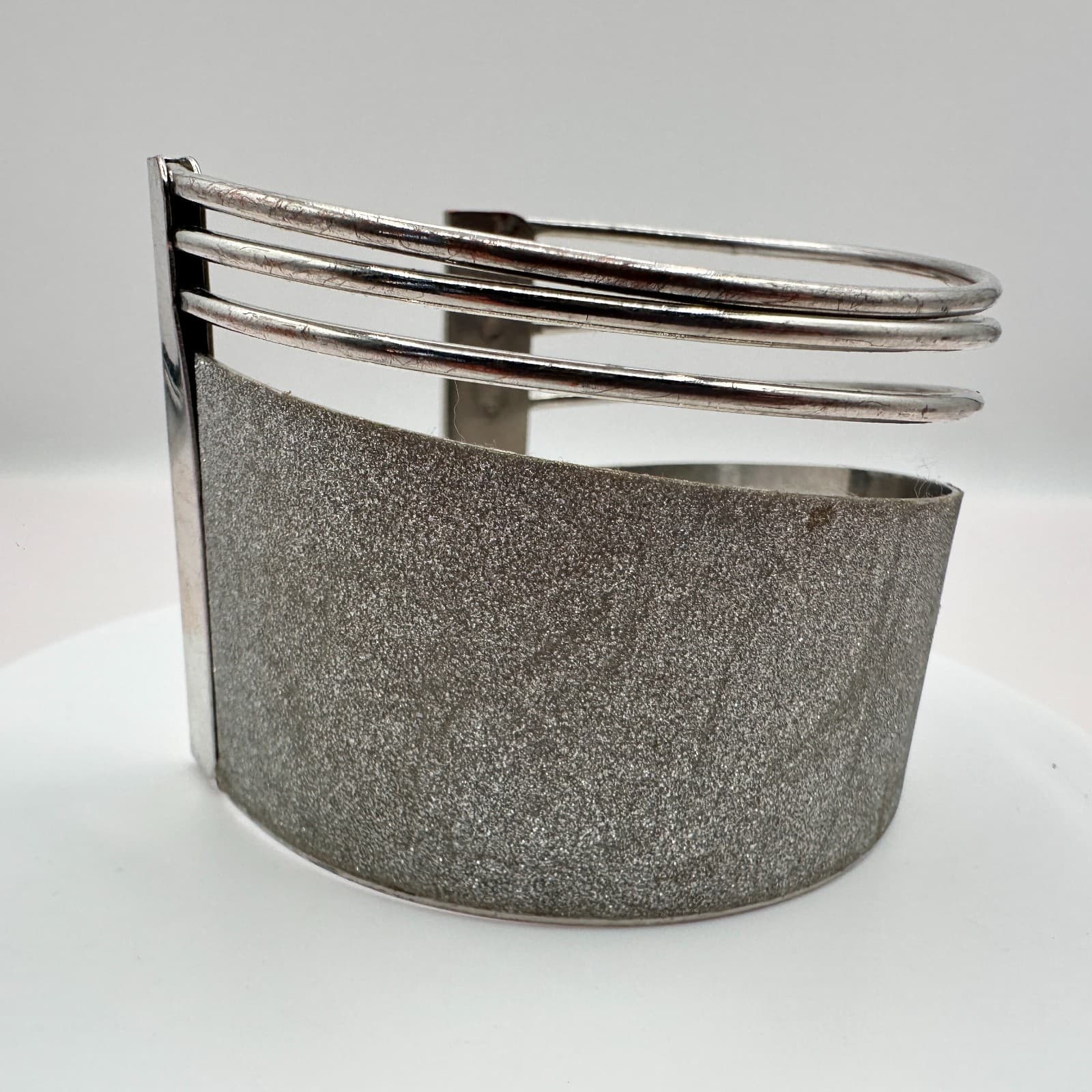 Vintage 90s Silver Tone Textured Glitter Wide Cuff Bracelet Statement Jewelry