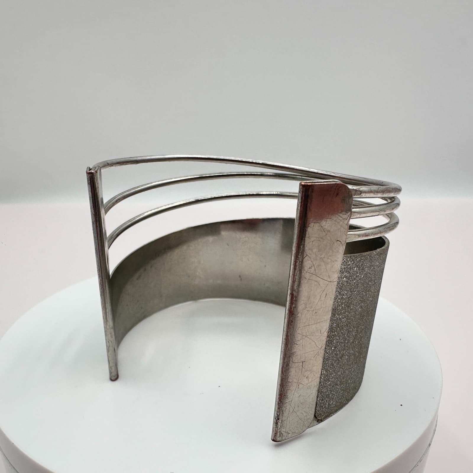 Vintage 90s Silver Tone Textured Glitter Wide Cuff Bracelet Statement Jewelry - Thumbnail 5