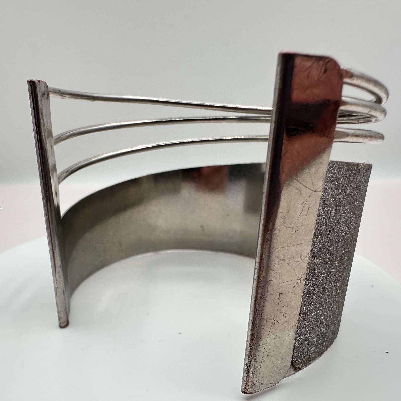 Vintage 90s Silver Tone Textured Glitter Wide Cuff Bracelet Statement Jewelry - Thumbnail 4