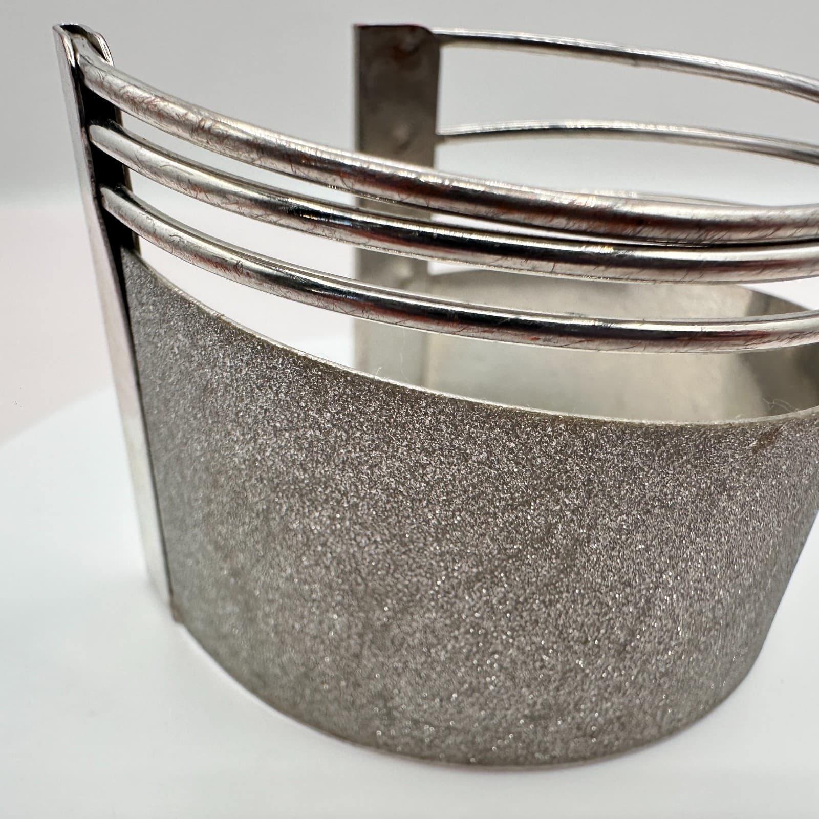 Vintage 90s Silver Tone Textured Glitter Wide Cuff Bracelet Statement Jewelry - Thumbnail 3