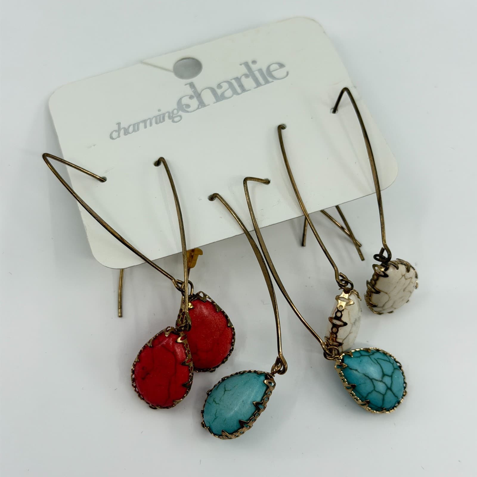 Charming Charlie Faux Turquoise Howlite Teardrop Dangle Earrings Set 3 Pairs Y2K - Thumbnail 3