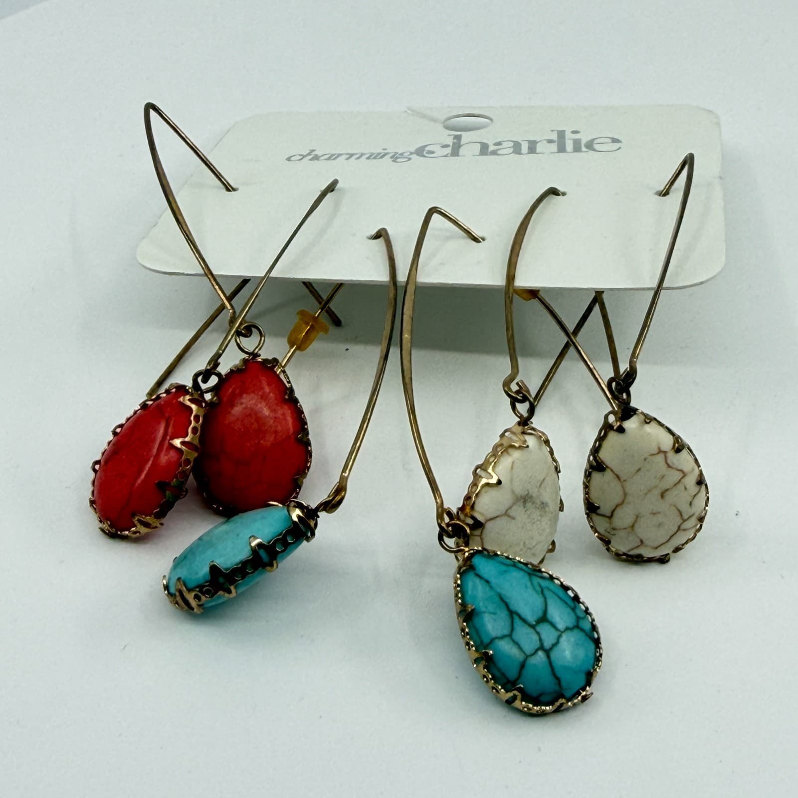Charming Charlie Faux Turquoise Howlite Teardrop Dangle Earrings Set 3 Pairs Y2K - Thumbnail 6