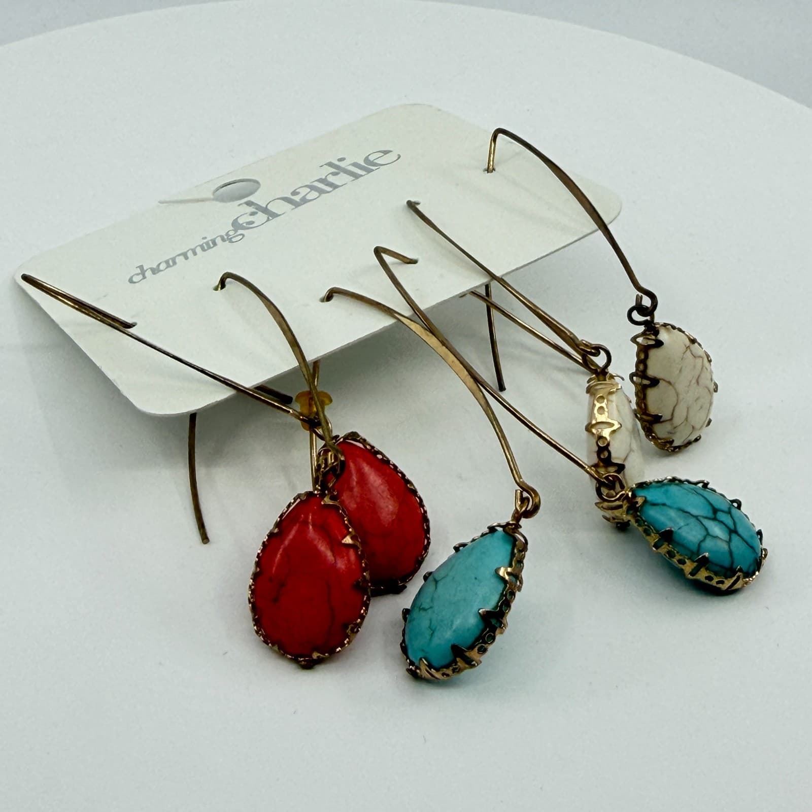 Charming Charlie Faux Turquoise Howlite Teardrop Dangle Earrings Set 3 Pairs Y2K - Thumbnail 2