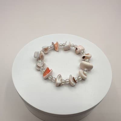 Vintage 90s Cream Conch Sea Shell Glass Beaded Stretch Bracelet Jewelry - Thumbnail 5